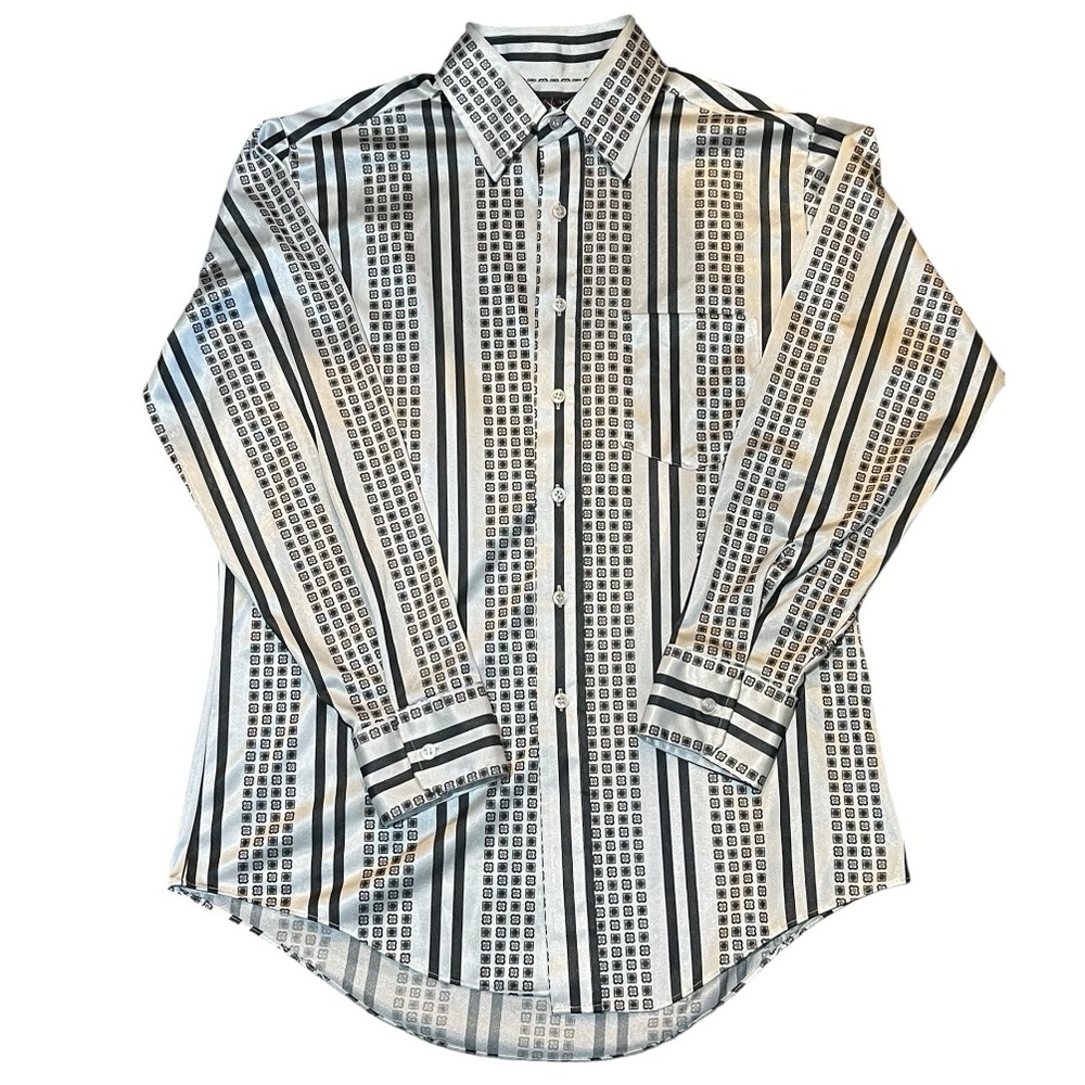Vintage Men’s L/S Black White & Brown Geometric Stripe Button Down Shirt Size M‎